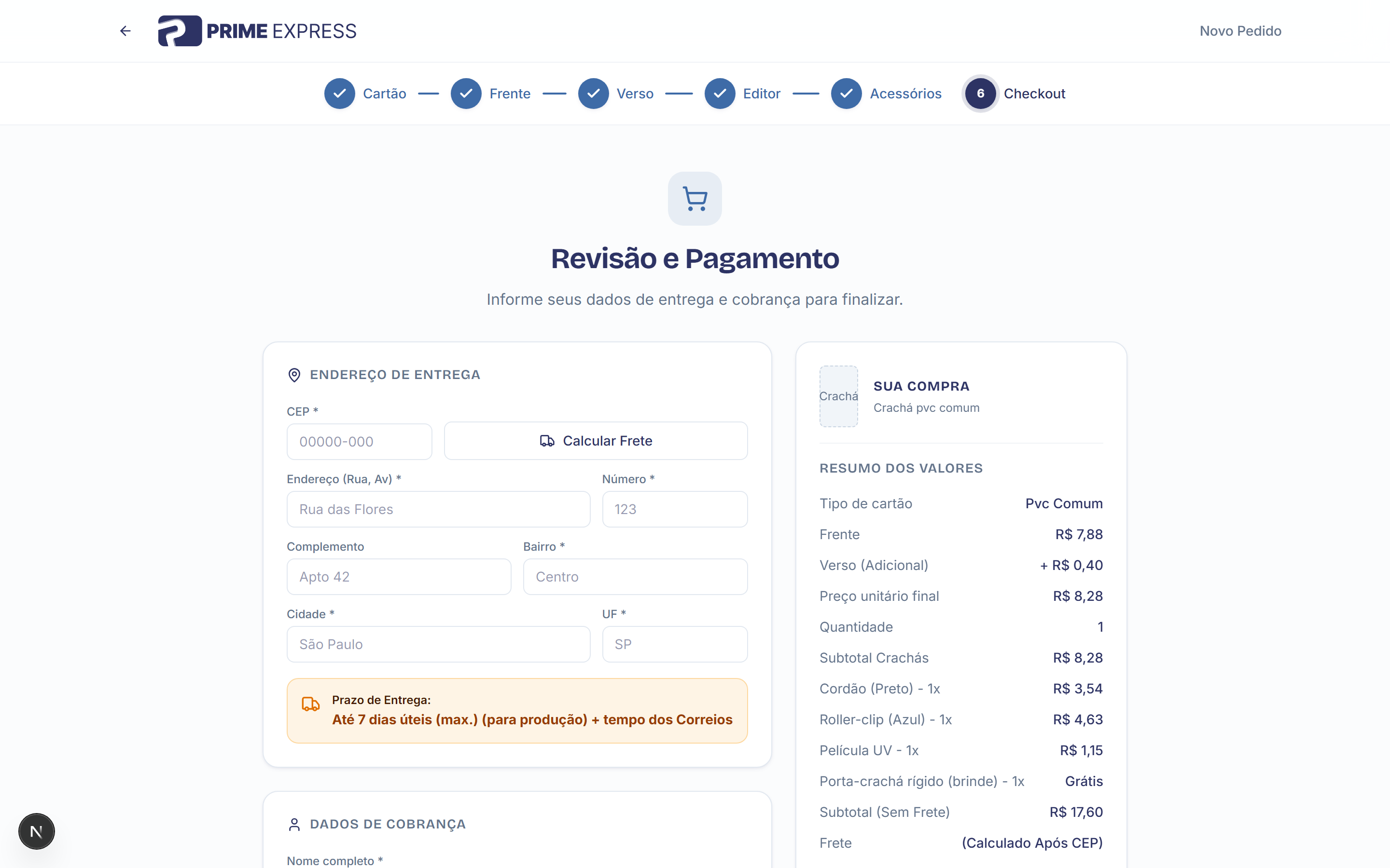 Revisão e pagamento do pedido